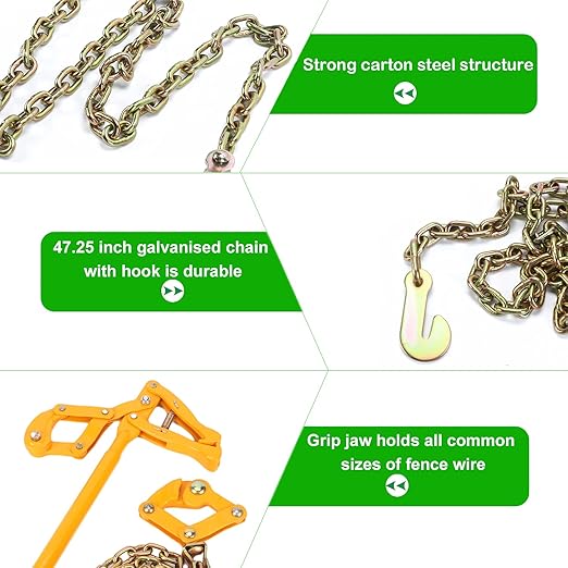 Nisorpa Fence Stretcher Tensioner Chain Strainer Heavy Duty Fence Puller Energiser Repair Tool for Cattle Barn Farm Fencing Repair Plain & Barbed Wire Stretcher Tool 47.25'' Chain Capacity 2200lbs