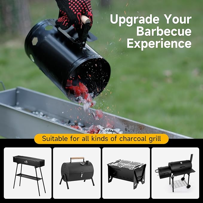 WILLBBQ Charcoal Chimney Starter, Heavy Duty Premium Chimney Starter for Charcoal Grills BBQ Accessory with Heat Resistant Wooden Handle for Outdoor Grill Camping (Dark Black)
