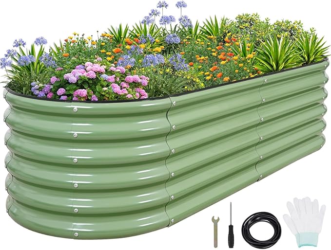 1MORE Galvanized Raised Garden Bed- Planter Garden Boxes Outdoor, Raised Beds for Gardening, 6x2x1.4ft Metal Garden Bed Kit for Vegetables Flower, Planter Raised Bed with Protective Tape & Tools.Green