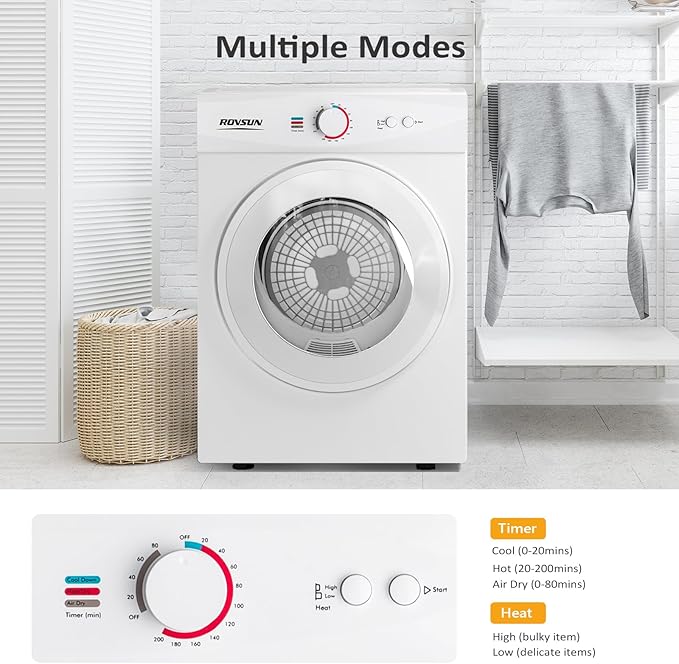 ROVSUN 1.8 Cu.Ft Portable Clothes Dryer, Front Load Dryer Machine, Compact Laundry Dryer with Stainless Steel Tub for Apartment, Home, Dorm (Classic Knob Control)
