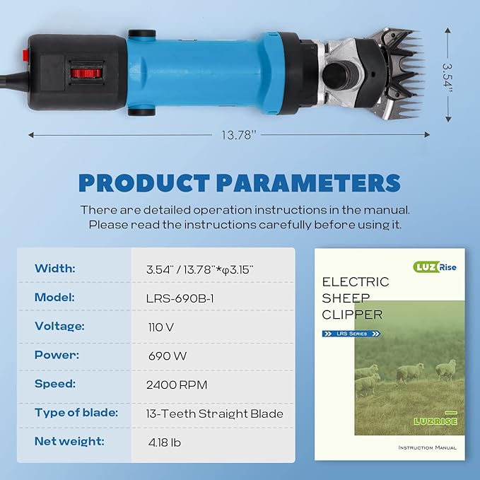 Sheep Shears Electric 690W 2400RPM Professional Heavy Duty Shearing Clipper with 6 Speed, for Shaving Fur Wool in Sheep, Goat, Cattle, and Other Farm Livestock Pet, with Grooming Carrying Case