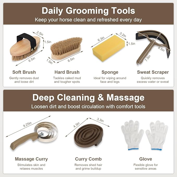 Swess Horse Grooming Kit 14 Piece, Horse Brushes Set for Grooming & Bathing Supplies, Professional Horse Supplies with Mane & Tail Comb, Curry Comb, Hoof Pick, Gloves & Mesh Tote Bag for Equine Care