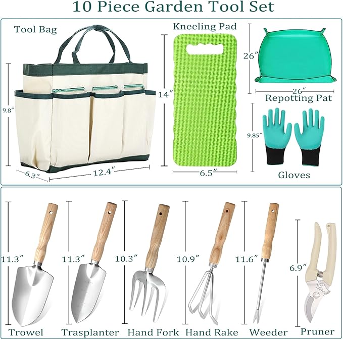10-Piece Heavy-Duty Gardening Tools Set with Tote Bag - Rust-Proof Aluminum Gardening Hand Tools with Non-Slip Ergonomic Wood Handle - Gardening Supplies Set Ideal Gift for Men & Women