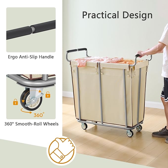 Large Laundry Hamper with Wheels, 360L Rolling Big Laundry Basket for Clothes Storage, Heavy Duty Extra Large Rolling Laundry Cart with Handle, Steel Frame, Waterproof Liner,95.1 Gallons,Khaki
