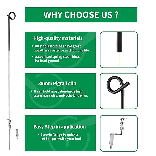 Fence Shock 41 Inches Systems Pig Tail Step-in Fence Post, Stainless Steel for Garden and Farm, Portable Fence Ideal for Electric Fencing - Pack of 30 Black