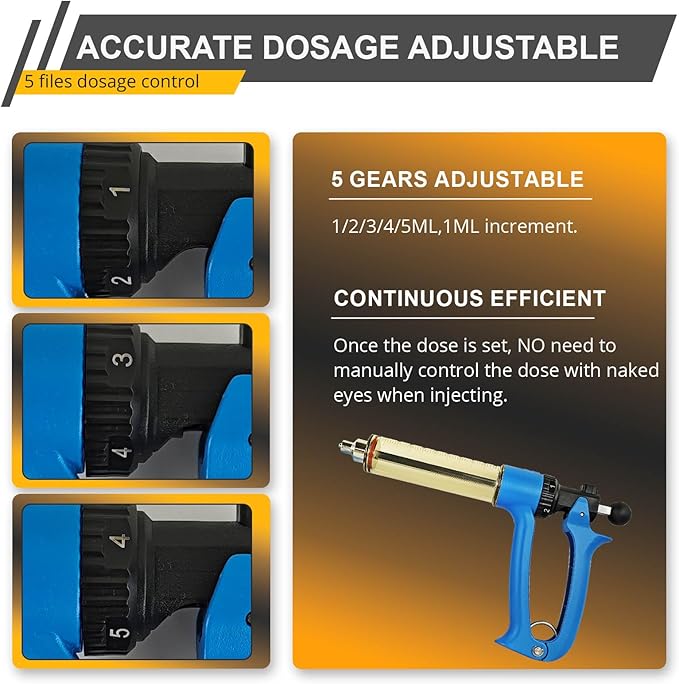 50ML Semi Automatic Livestock Syringe for Cow Goat Cattle Sheep Pig, 5 Gears Adjustable Continuous Repeating Injection, Veterinary Cattle Vaccine Luer Lock Syringe with 2 Tubes