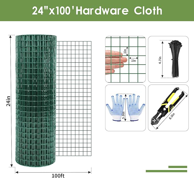 Tongmo 24" x 100' Green Chicken Wire Fencing, 19 Gauge Green Wire Fence, 1"x1" Mesh Size Metal Welded Wire Garden Fence Roll, Poultry Netting for Rabbit/Duck/Chicken