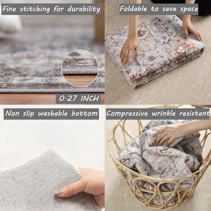 Area Rug 6x9 Washable Rug Tangerine Vintage Traditional Floor Cover Thin Retro Kitchen Indoor Distressed Non Slip Carpet Floral Print Mat Living Room Bedroom Dining Room