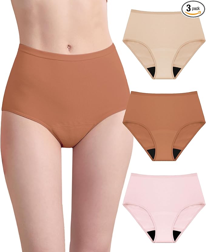 Womens Washable Incontinence Underwear Bladder Leak Proof Odor Control Briefs 56 ml Absorbency Panties 3 Pack (Skin-Brown-Pink, 2XL)