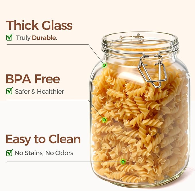 ComSaf Airtight Glass Canister Set of 3 with Lids 51oz Clear Food Storage Jars Square, Kitchen & Pantry Organization Food Storage Container for Canning, Sugar, Flour, Pasta, Candy, Cereal, Coffee