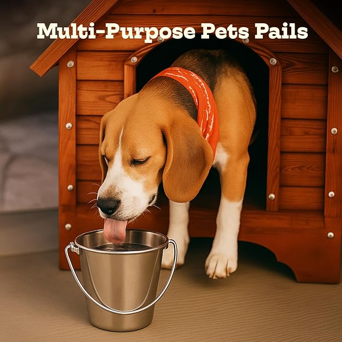 6 quart Heavy Duty Stainless Steel Round Bucket with Handle | 1.5 gal Sturdy Food & Water Bowl for XL Dogs Cats Goat sheep & Livestock | Fits kennel Crate Cage Farm | Hanging Utility Pail