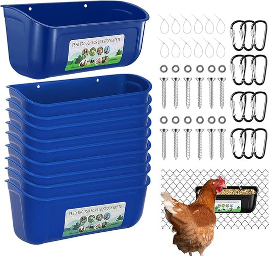 Chicken Feeder Waterer, 10 Pack Duck Feeder Supplies, Hanging Fence Feed Trough with Clips for Goat, Sheeple, Piglet, Gooses, Turkeys, Dog Livestock Poultry, Blue