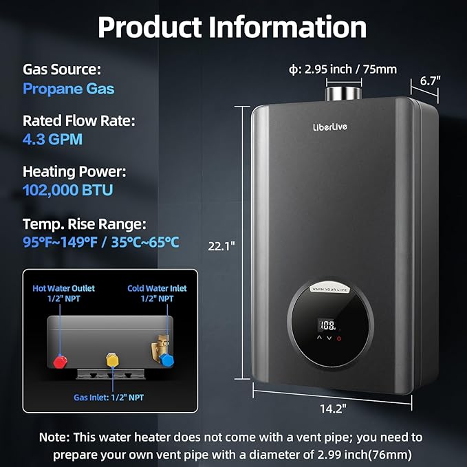 Propane Gas Tankless Water Heater, Indoor Max 4.2 GPM, 102,000 BTU On Demand Instant Hot Water Heater Propane Gas with LED Temperature Control Panel, 1/2" NPT Connector Size, CSA Certified, Gray