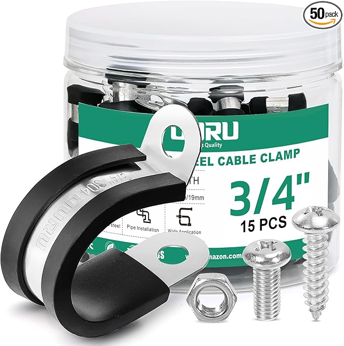 15PCS 3/4 Inch Cable Clamps with 35PCS Screws Assortment Kit 304 Stainless Steel Rubber Cushioned Insulated Cable Clamp, Automotive Wire Pipe Clamps(19mm)