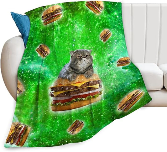Tijuboni Hamburger Cat Throw Blanket Funny Cat Gifts for Girls Boys Women Men Kids Adults Soft Flannel Fleece Blanket for Couch Sofa Bed Home Decor 50"x60"
