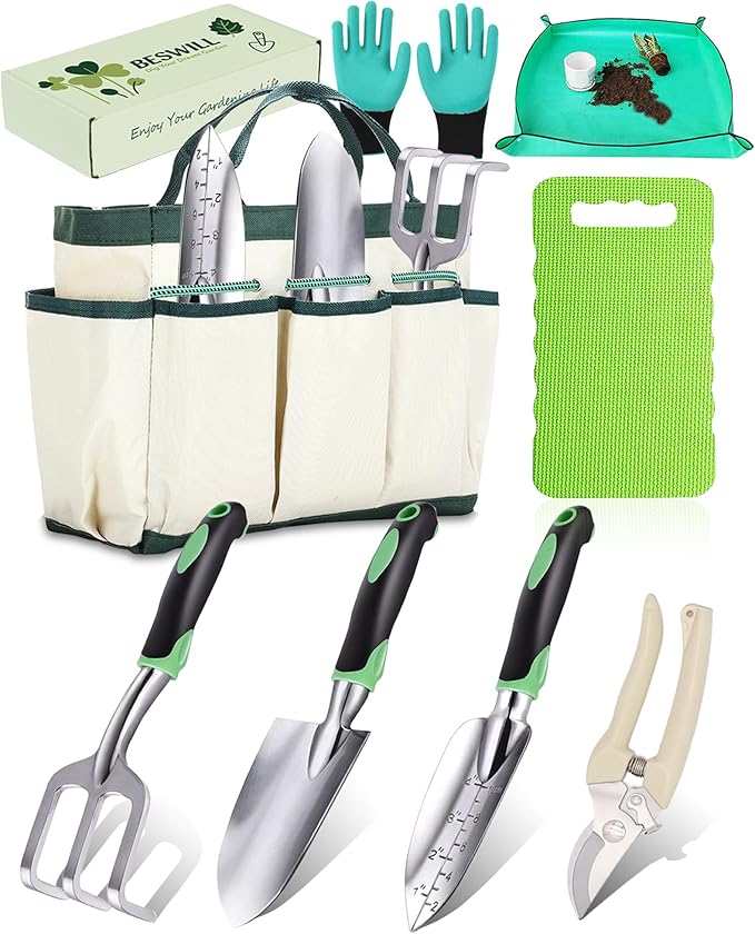 8-Piece Heavy-Duty Gardening Tools Set with Tote Bag - Rust-Proof Aluminum Gardening Hand Tools with Ergonomic Non-Slip Rubber Grips - Gardening Supplies Set Ideal Gift for Men & Women