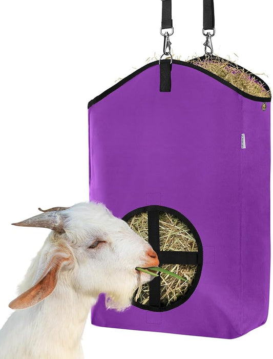 Goat Hay Feeder,Hay Bags for Goats,Horses,Sheep,Premium 600D Oxford Cloth,with Metal Fastener and Adjustable Open Feed Hole for Slow Feeding,Easy to Fill and Hang with Large Opening (Purple)
