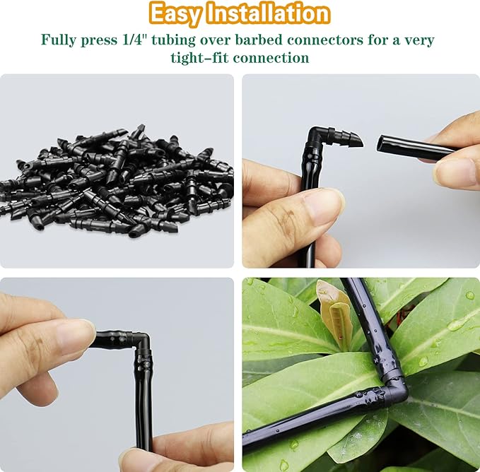 1/4 Inch Drip Irrigation Fittings Kit：140 Pieces Drip Irrigation Parts with Sharp End for 1/4" Irrigation Tubing Barbed Connectors for Home Garden 60 Couplings 50 Tees 20 Elbows 10 Goof Plugs