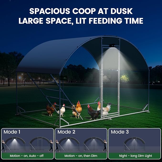 Chicken Coop Large Metal Chicken Run with Full-Top Waterproof Cover - Chicken House for 6/10 Chickens, Poultry Cage with Solar Light, Backside Poles, Walk-in Pen for Rabbits Ducks Yard 1 Room