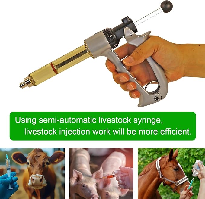 25ML Semi Automatic Livestock Syringe, 5 Gears Adjustable Continuous Repeating Syringe for Farm Ranch Cattle Cow Horse Goat Sheep Hog