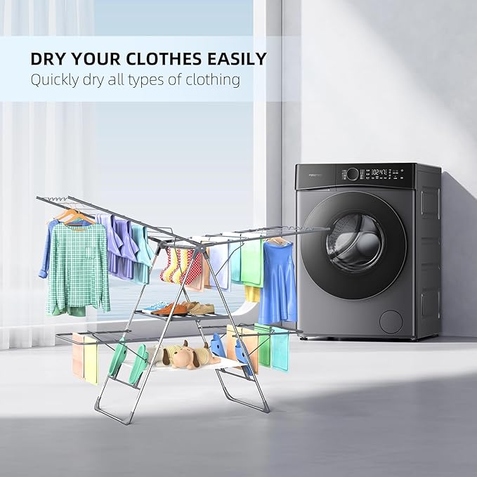 Clothes Drying Rack, Foldable 2-Level Laundry Drying Rack for Clothes,Stainless Steel Drying Rack Clothing Collapsible for Indoor Outdoor,with Height-Adjustable Wings