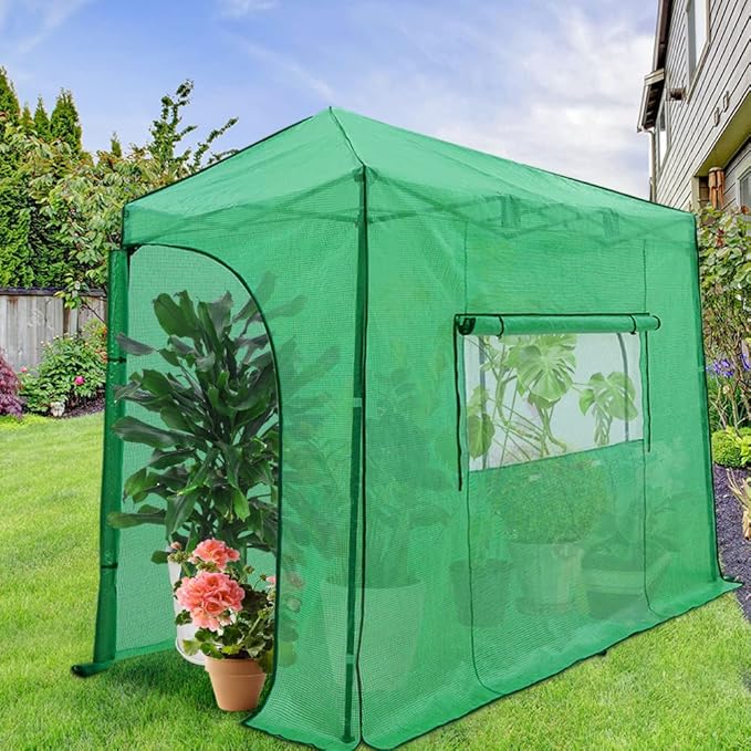 EAGLE PEAK Instant Pop-up Greenhouse, Indoor Outdoor Plant Gardening Green House, Roll-Up Zipper Doors and Side Windows, Lean-to 10x5 ft, PE Cover, Green/Clear
