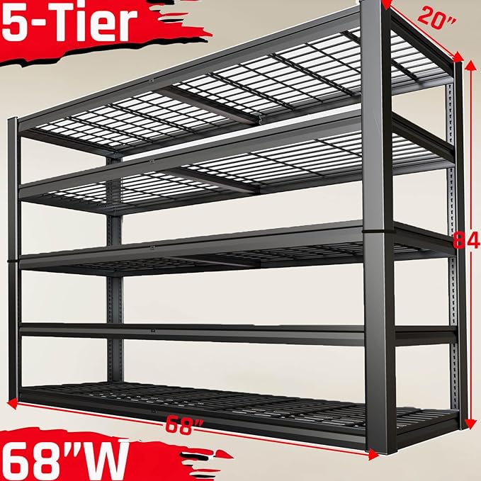 5-Tier Storage Shelves, 68" W Garage Shelving Heavy Duty Metal Adjustable Garage Shelves, Shelving Units Industrial Shelving for Warehouse, 68" W x 20" D x 84" H,2 Pack
