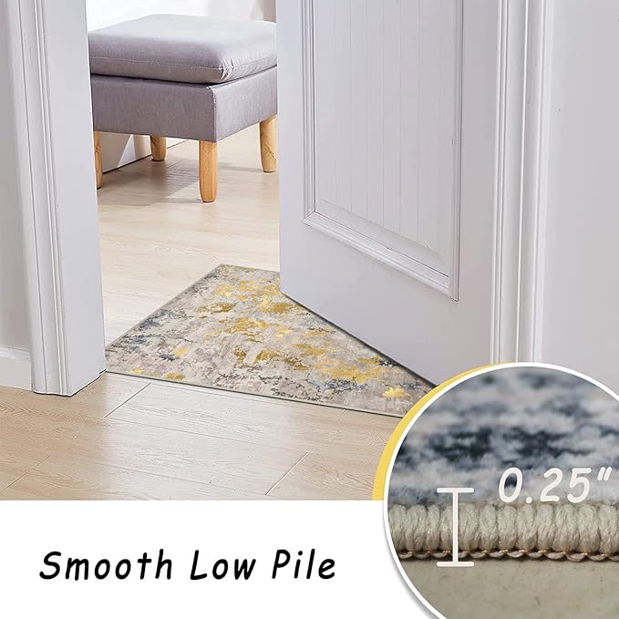 vivorug Washable Rug, Ultra Soft Area Rug 3x5, Non Slip Abstract Small Rug, Stain Resistant Rugs for Living Room Bedroom, Modern Fluffy (Grey/Mustard, 3'x5')