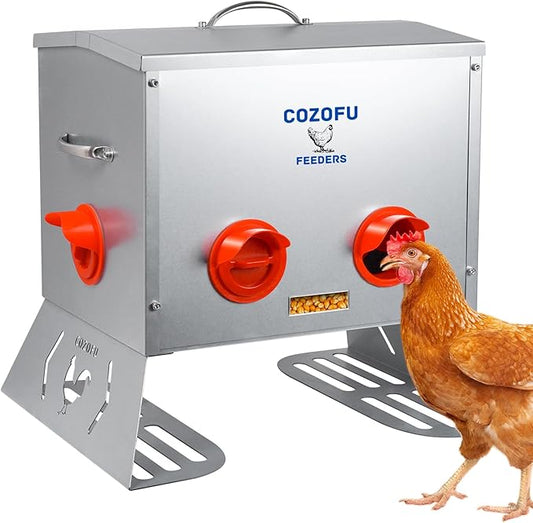 40 Pounds Automatic Chicken Feeder 6 Ports Large Gravity Fed Chicken Feeder with Transparent Window & Handle for Chickens Bantams Pheasants Poultry Coop Weatherproof