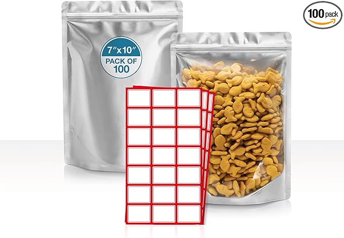 BELLE KR® 7x10 Quart Mylar Bags for Food Storage - Pack Of 100-7.5mil Thick - Gusseted Bottom - Clear Mylar Bags with See Through Window for Freeze Drying food - Labels Included