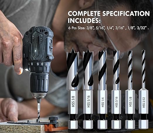 Stubby Brad Point Wood Drill Bit Set, 6pcs Hex Shank Short Length Drill Bit Set with Double Flutes Design for Carpenter Woodworking and All Types of Wood (3/32" - 3/8")