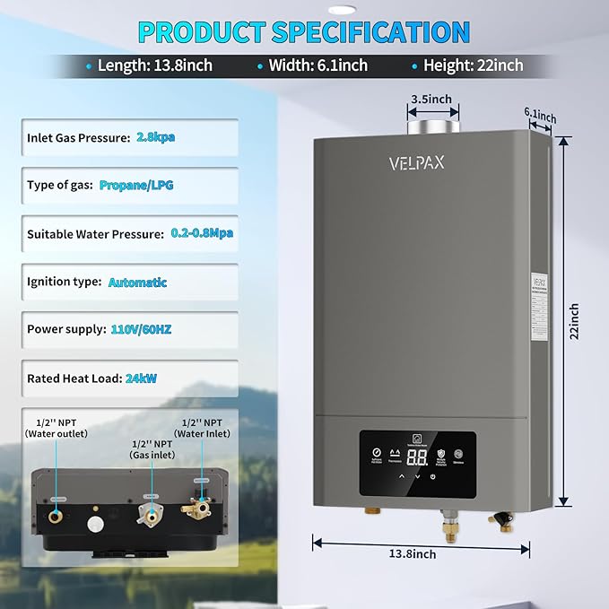 Tankless Water Heater Propane,Indoor 4.74GPM 18L,Constant propane water heater,Instant Hot Propane Gas Water Heater with Multi-Protection