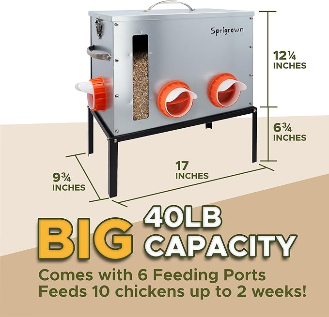 Metal Chicken Feeder 40lb, No Waste Automatic Chicken Feeder with Window, Galvanized Large Capacity Poultry Equipment, Rodent Proof, Rat Proof, Weatherproof Silo, Outdoor Coop, Comederos para Gallinas