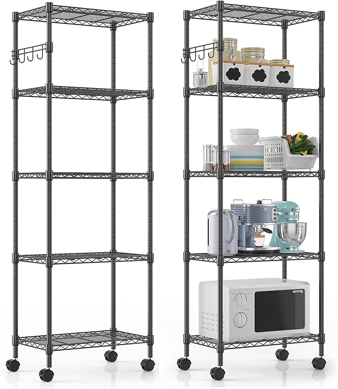Himimi 5-Tier Wire Shelving Unit on Wheels, Adjustable Heavy Duty Metal Shelves with Side Hooks, Metal Organization Wire Rack for Kitchen Garage Basement, 13" L x 23" W x 72" H, Black