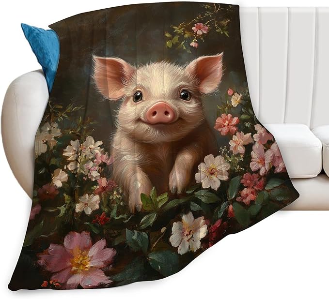 Pig Blanket Cute Pig Flower Throw Blanket Soft Warm Cozy Fuzzy Plush Vintage Gifts for Girls Women Lightweight Fleece Flannel Stuff Decor Gift for Kids Adults 50"X40"