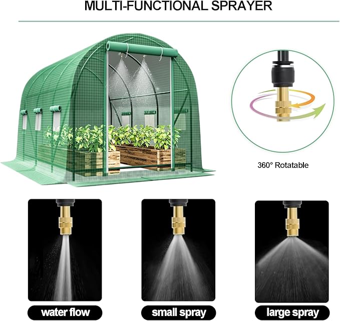 Greenhouse with Watering System, 10x10x7 Outdoor Greenhouses with 6 Mesh Windows and 1 Door, Easy Water and Irrigate Plants Green House (Green, 10x10x7 ft w/ Irrigation System)