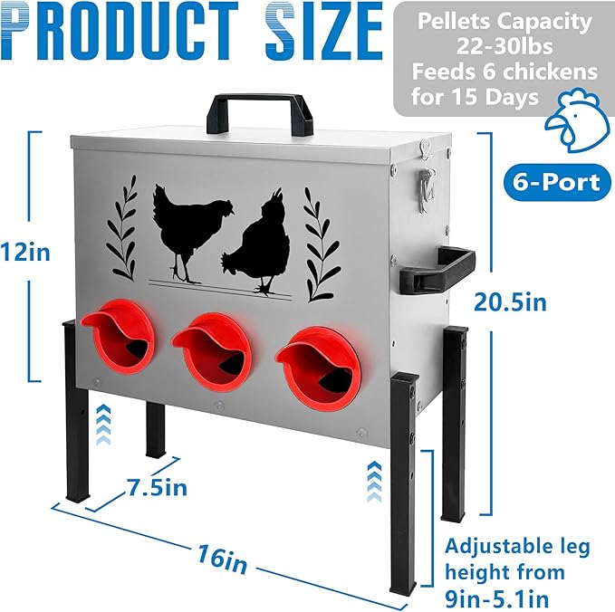 Chicken Feeders, 30 lb Capacity 6 Port Automatic Chicken Feeder, Metal Chick Feeder with Locking Lid and Legs, Chicken Feeder for Chickens, Ducks, Geese，Silver