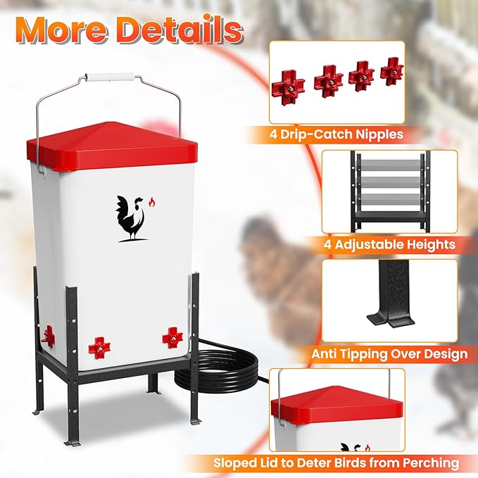 Heated Chicken Waterer for Winter, 3.2 Gallon Poultry Water Heater with 4 Horizontal Nipples, Thermostatically Controlled, 4 Adjustable Heights, Anti-Freezing Watering System for Coop