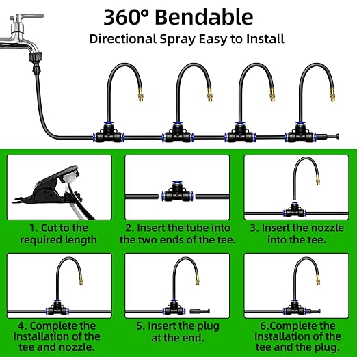 60 Ft Drip Irrigation System-Garden Drip Irrigation Kit with 19 pcs 360°Adjustable Copper Nozzles Automatic Atomizing Watering Irrigation System for Garden, Lawn, Greenhouse, Potted, 5/16 Inch Hose