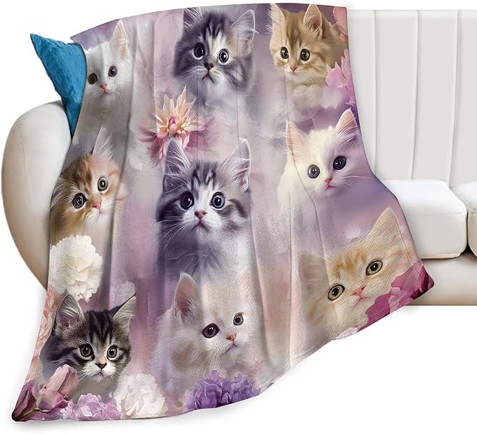 Kawaii Cat Blanket, Soft Plush Fleece Animal Throw Blanket - Cozy Warm Kittern Stuffed Blankets Bedding Cat Gifts for Lover Women Girls Kids Adults 50"X60"