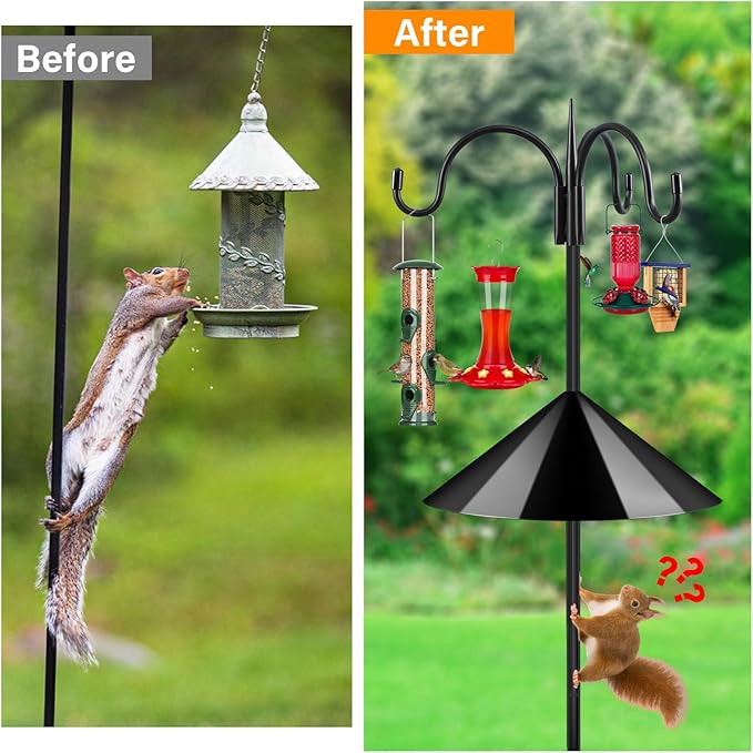 FEED GARDEN 92 Inch Adjustable Shepherd Hook with Squirrel Baffles Heavy Duty Garden Hooks 5-Prong Base Bird Feeder Pole with Three Hooks for Hanging Plant Baskets Solar Lights Lanterns