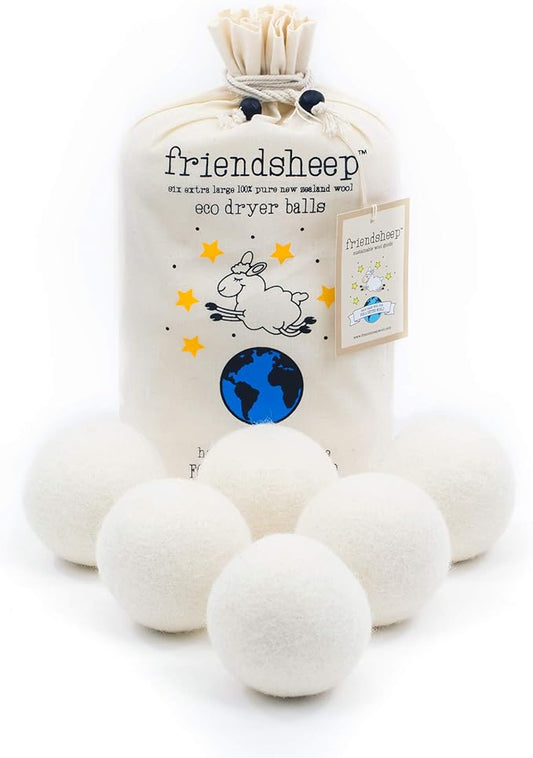 Friendsheep Wool Dryer Balls, Organic Reusable Fabric Softener Alternative for Laundry, Handmade, Fair Trade, Hypoallergenic, Eco-Friendly, Plastic-Free (6 Pack XL – Creamy White)