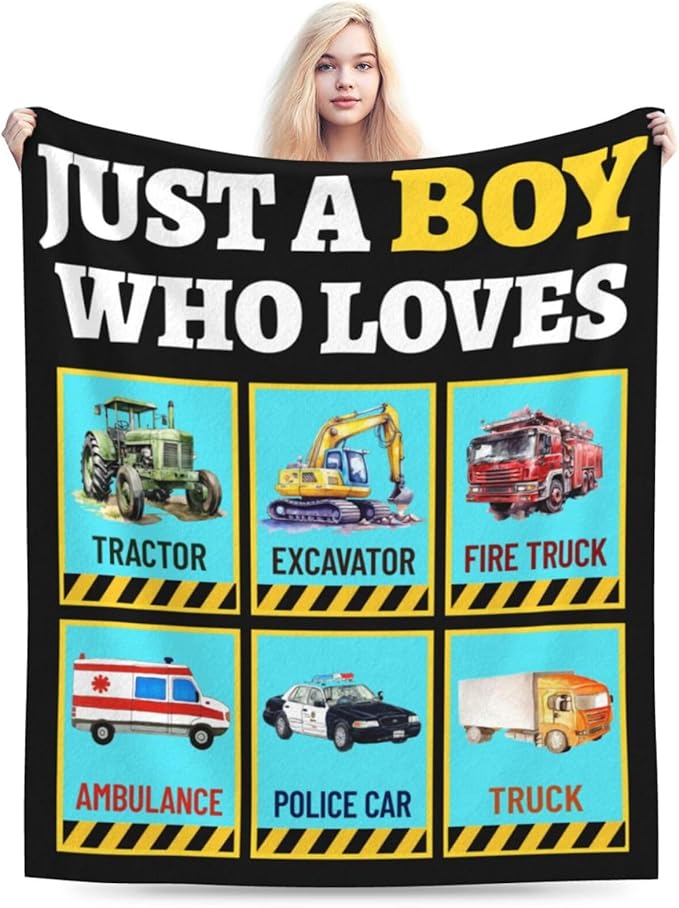 Just a Boy Who Loves Truck Blanket Soft Car Excavator Fleece Throw Blanket Tractor Flannel Plush Bedding Stuff Decor Blankets Gifts for Lover Girls Boys Kids Women Adults Bed Travel 40"x50"