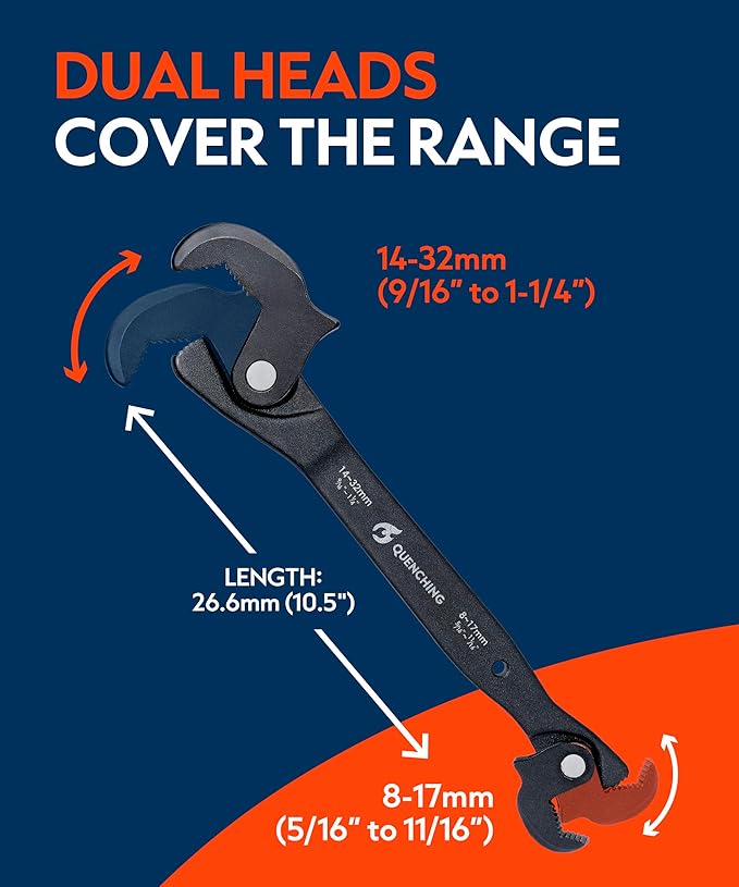 Self-Adjusting Dual Head Crowfoot Wrench, 5/16” to 1-1/4”, 8-32mm, 10" length, Multi-Size Fit, Quick Adjust Tool for Home Auto Bike Repair, Slim Profile, Crowfoot Wrench Set Alternative