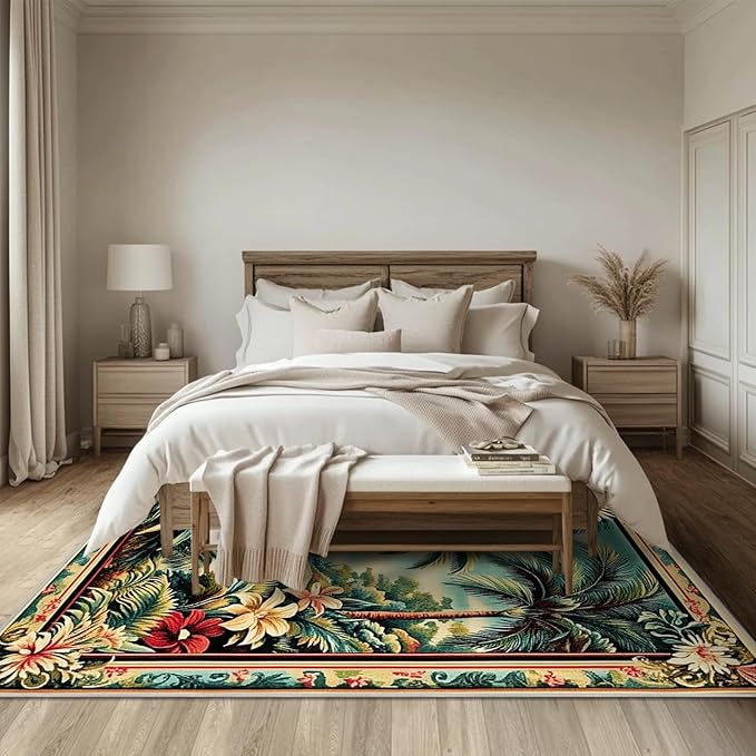4x6 Tropical Rainforest Area Rugs Boho Forest Botanical Rug for Living Room Indoor Soft Non-Slip Thin Large Carpet Green Rugs for Bedroom Home Decor Under Table Washable Machine