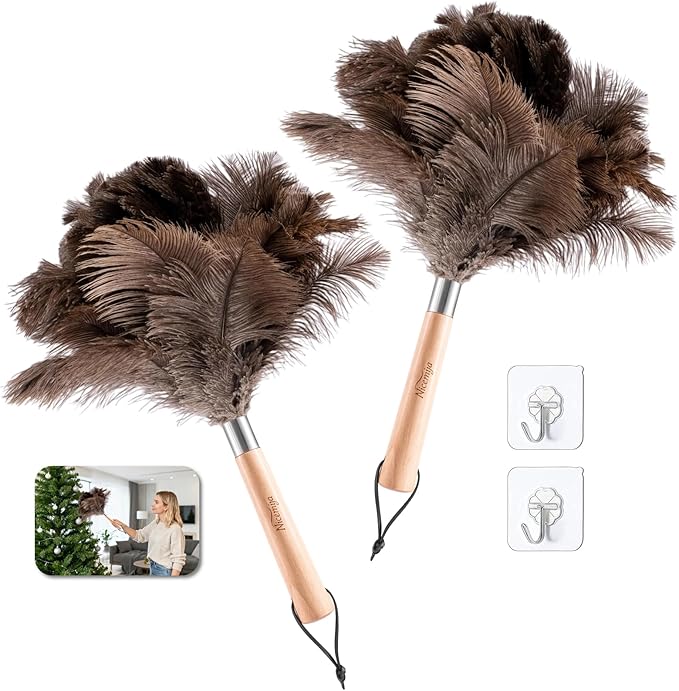 2 PCS Ostrich Feather Dusters with Wooden Handle, 13.5 inch Natural Fluffy Feather Dusters for Dusting Home, Car, Delicate Surfaces, Reusable Soft Cleaning Tools for Ledges, Blinds