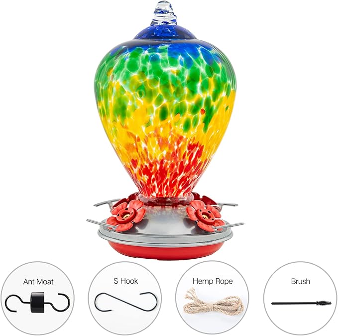 Hummingbird Feeders, 34OZ Hand Blown Glass Hummingbird Feeder for Outdoors Hanging with Ant MoatHooks, Perfect for Gardening Yard Patio Decor Gifts (Rainbow)