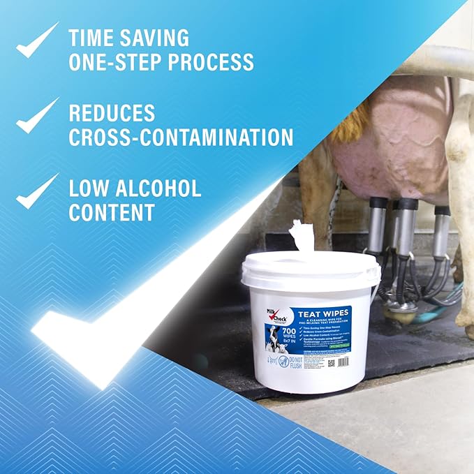 Milk Check Teat Wipes 2 Pack, 1 Pail 1 Refill (1,400 wipes) - Cow, Goat, Sheep Udder Prep - 7 inch x 8 inch Wipes. Reclosable Pail.