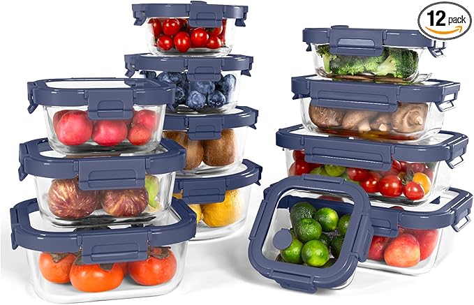 12-Pack Glass Containers with Tempered Lids – Borosilicate, Oven-Safe, Airtight, BPA-Free, Multi-Size for Meal Prep, Dishwasher Safe (Blue)