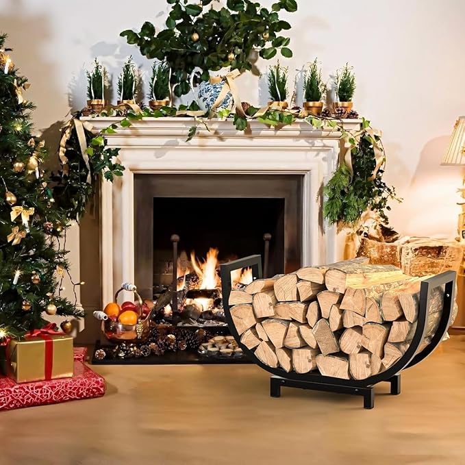 Dicasser Firewood Rack Outdoor and Indoor Firewood Storage, 24 INCH Double Coated Fire Wood Organizer, Waterproof Rustproof Stable Log Holder and Fireplace Decor, Black